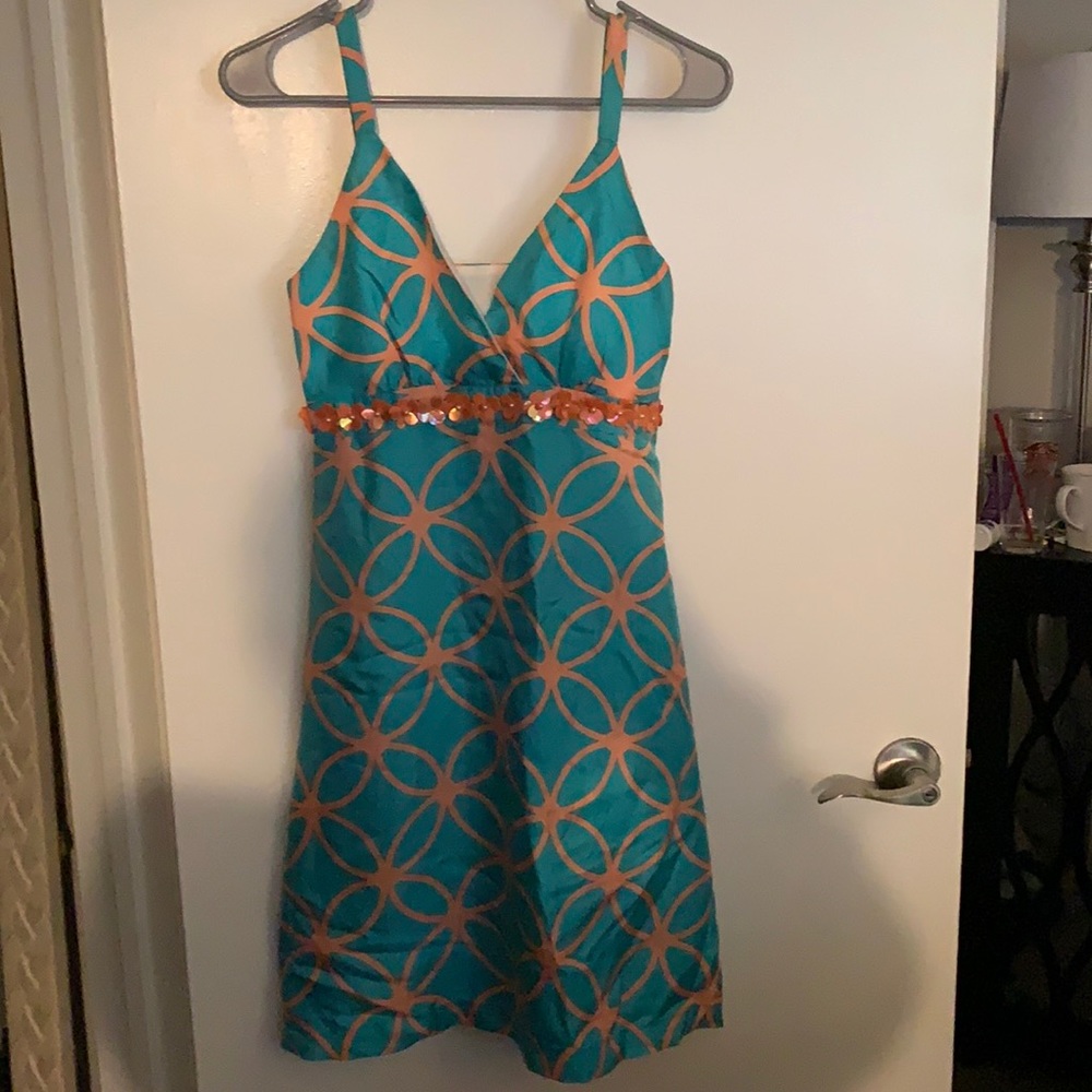 Blue and orange floral silk cocktail dress